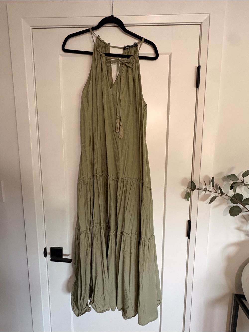 Zara Olive Green Halter-Tie Tiered Maxi Dress